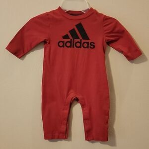 ADIDAS RED LONG-SLEEVE ROMPER, SIZE 9 MONTHS